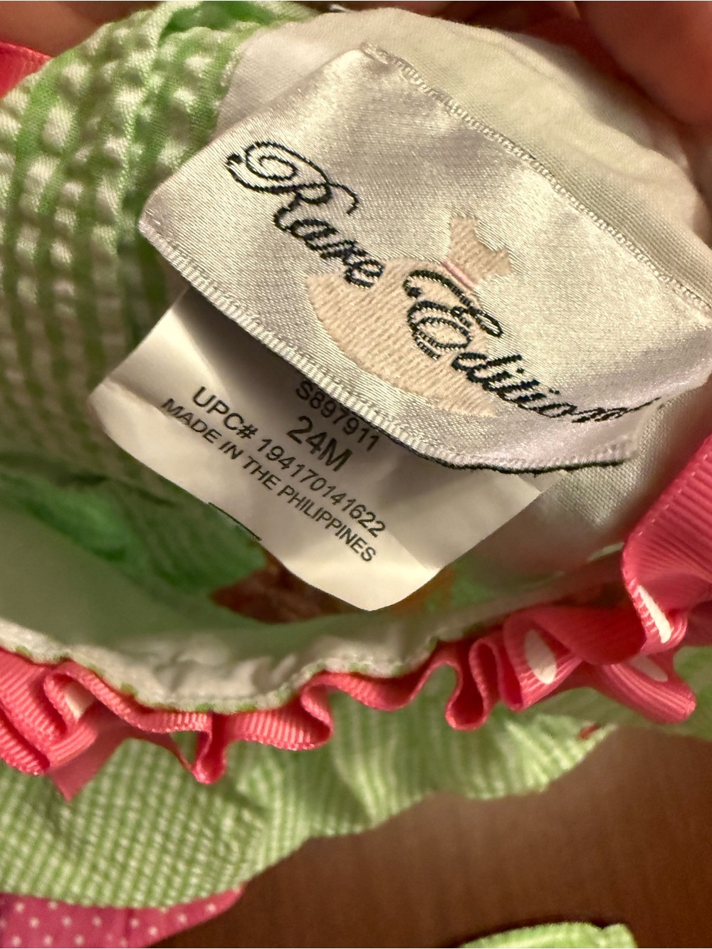 Rare Editions Green Seersucker Dress with Pink Ruffle Trim & Diaper Cover